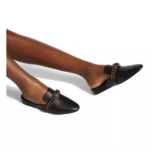 Kurt Geiger Black Leather Studded Slip-On Mule with Gold Chain - Picture 2 of 7